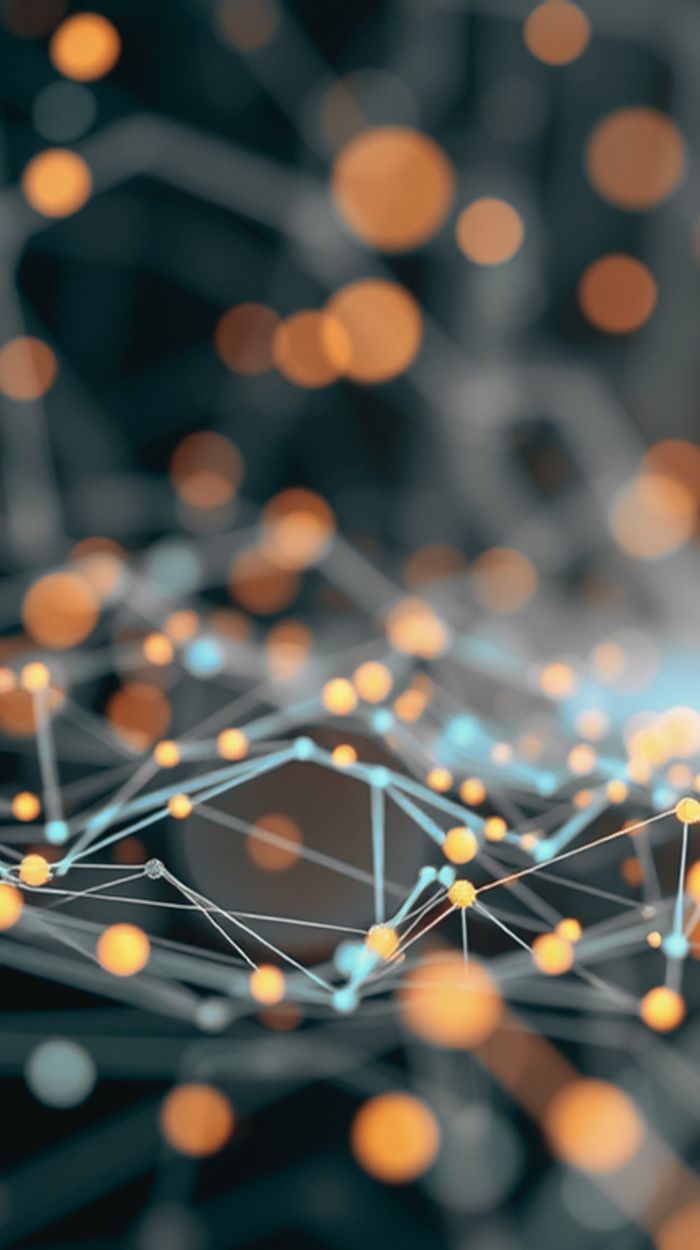 Red de puntos luminosos conectados entre sí, ilustración de redes e inteligencia artificial