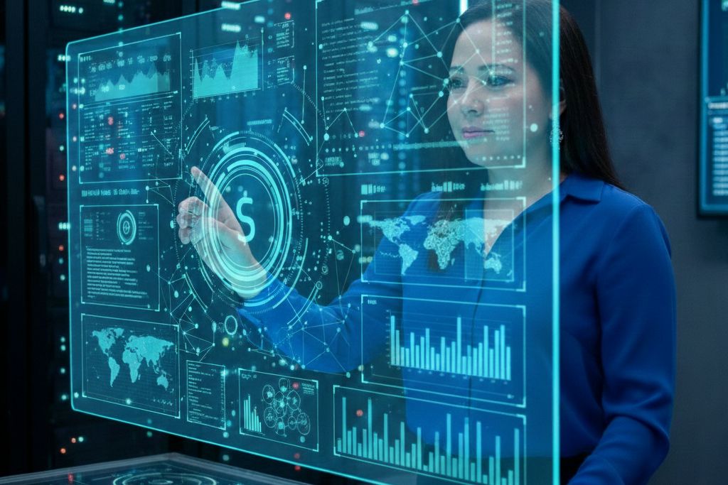 Ejecutiva interactuando con una pantalla holográfica de datos